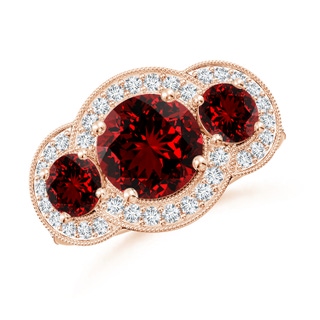 8mm Labgrown Lab-Grown Aeon Vintage Inspired Ruby Halo Three Stone Engagement Ring with Milgrain in Rose Gold