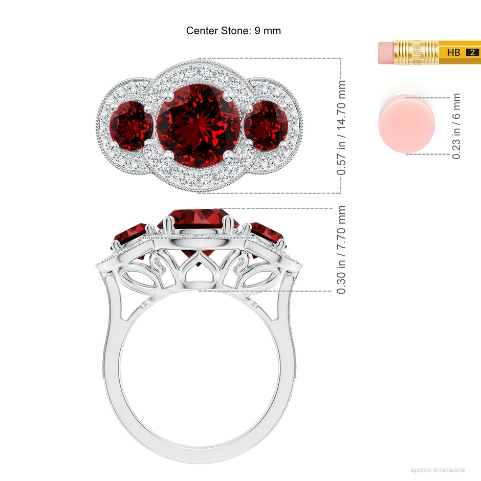 9mm Labgrown Lab-Grown Aeon Vintage Inspired Ruby Halo Three Stone Engagement Ring with Milgrain in P950 Platinum ruler