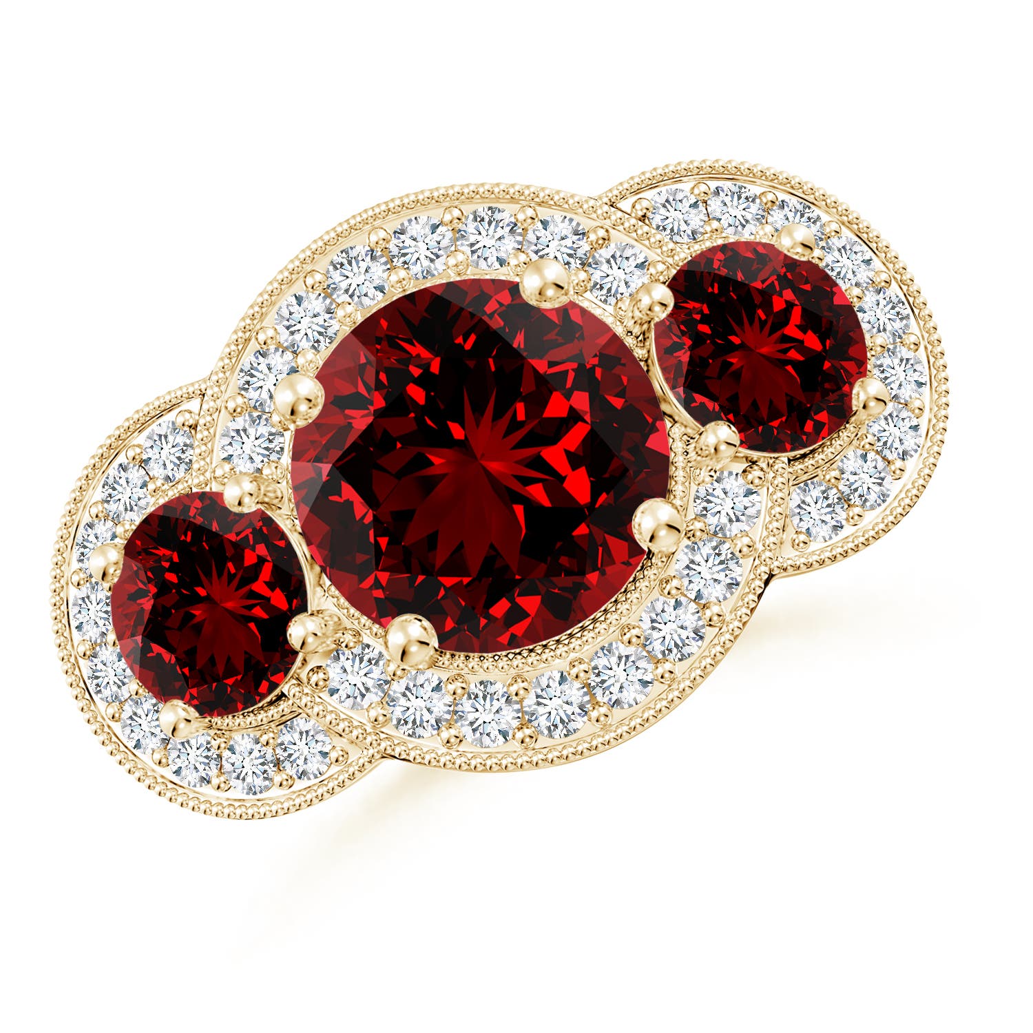 9mm Labgrown Lab-Grown Aeon Vintage Inspired Ruby Halo Three Stone Engagement Ring with Milgrain in Yellow Gold