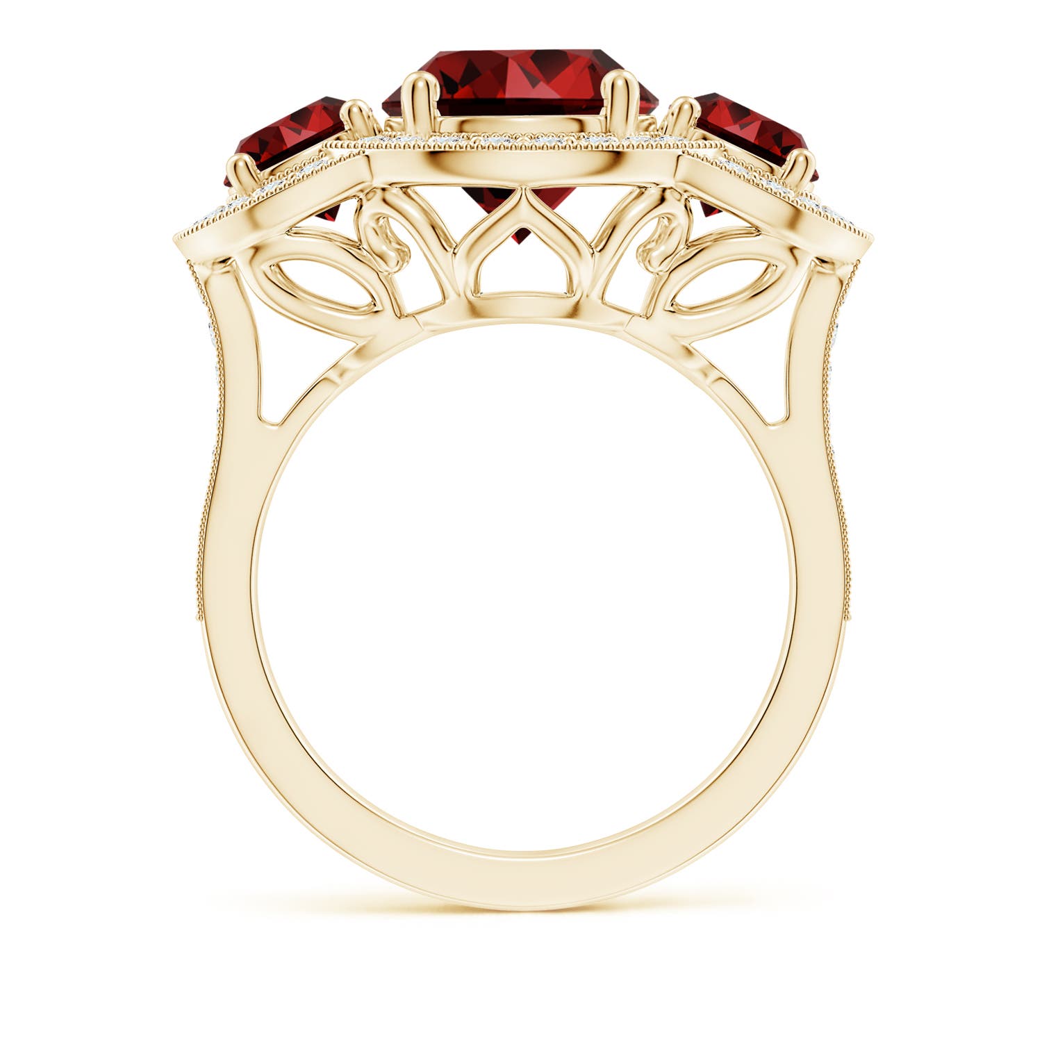 9mm Labgrown Lab-Grown Aeon Vintage Inspired Ruby Halo Three Stone Engagement Ring with Milgrain in Yellow Gold
