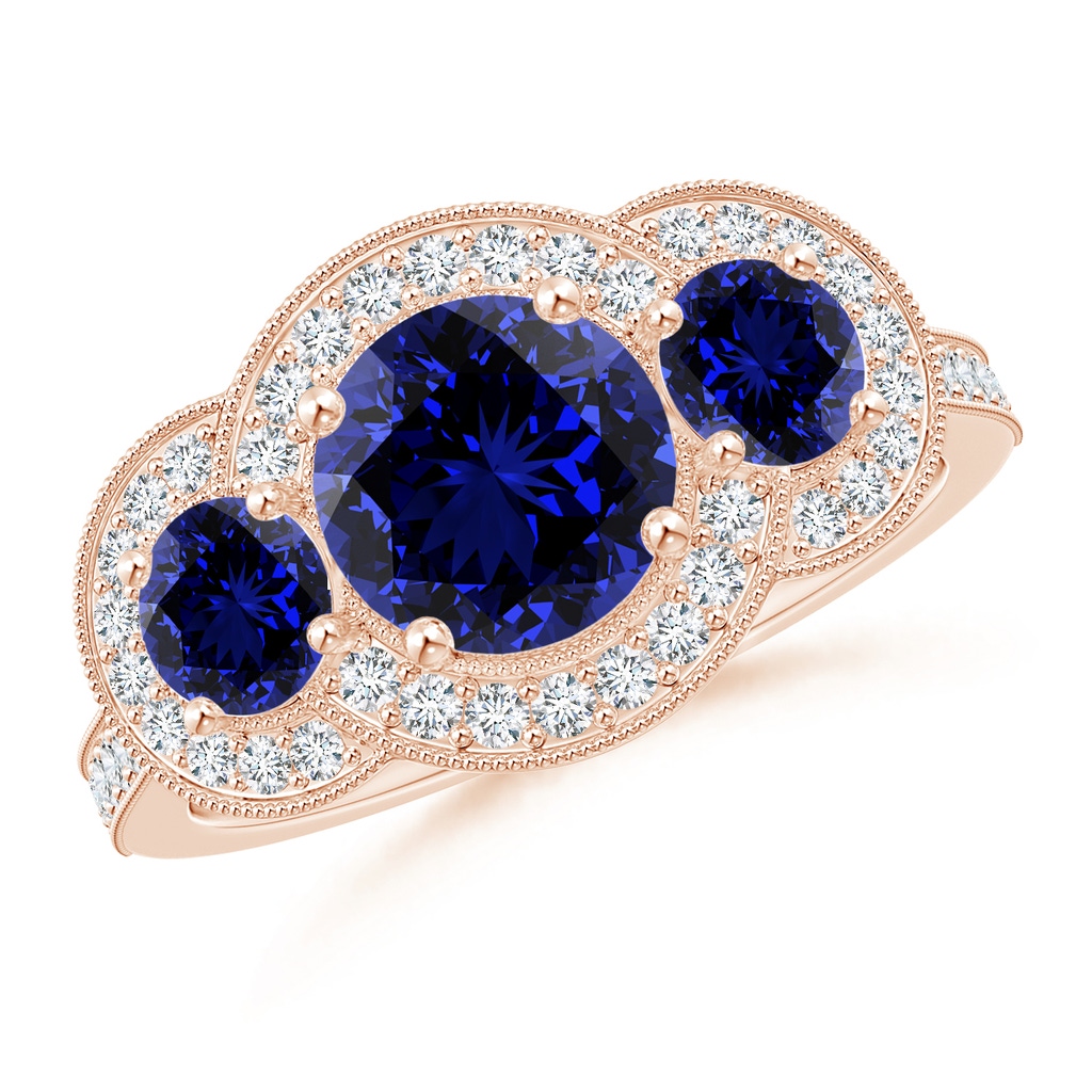 7mm Labgrown Lab-Grown Aeon Vintage Inspired Blue Sapphire Halo Three Stone Engagement Ring with Milgrain in Rose Gold