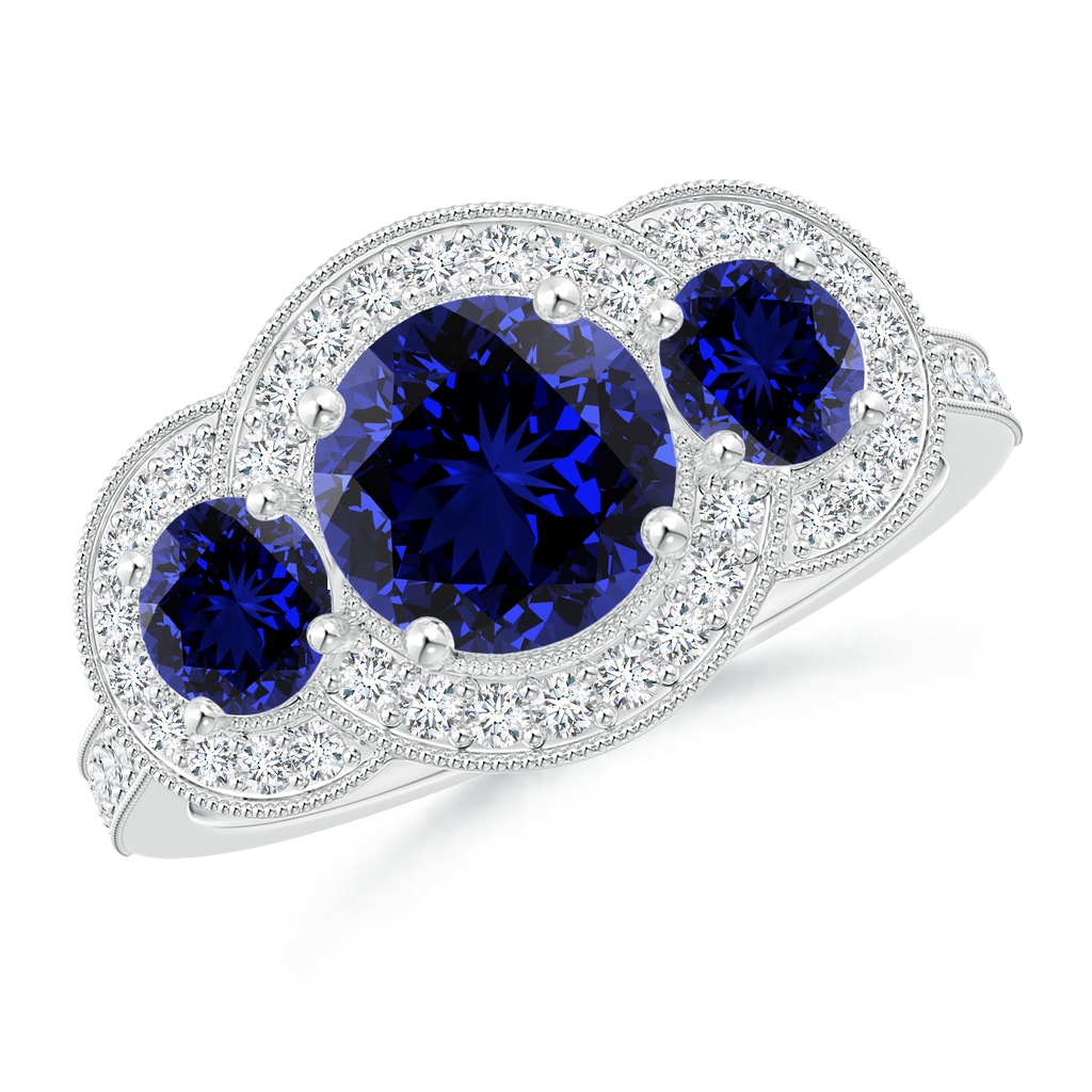 7mm Labgrown Lab-Grown Aeon Vintage Inspired Blue Sapphire Halo Three Stone Engagement Ring with Milgrain in White Gold 