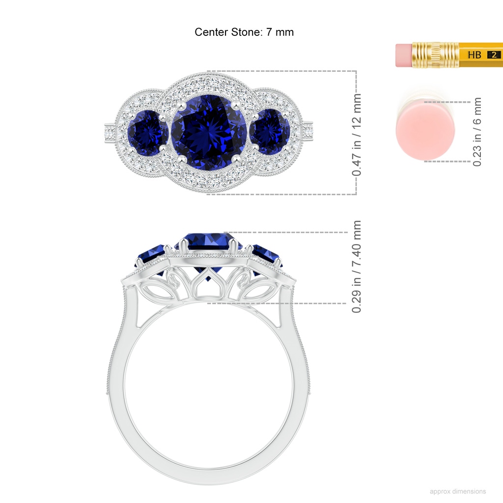 7mm Labgrown Lab-Grown Aeon Vintage Inspired Blue Sapphire Halo Three Stone Engagement Ring with Milgrain in White Gold ruler