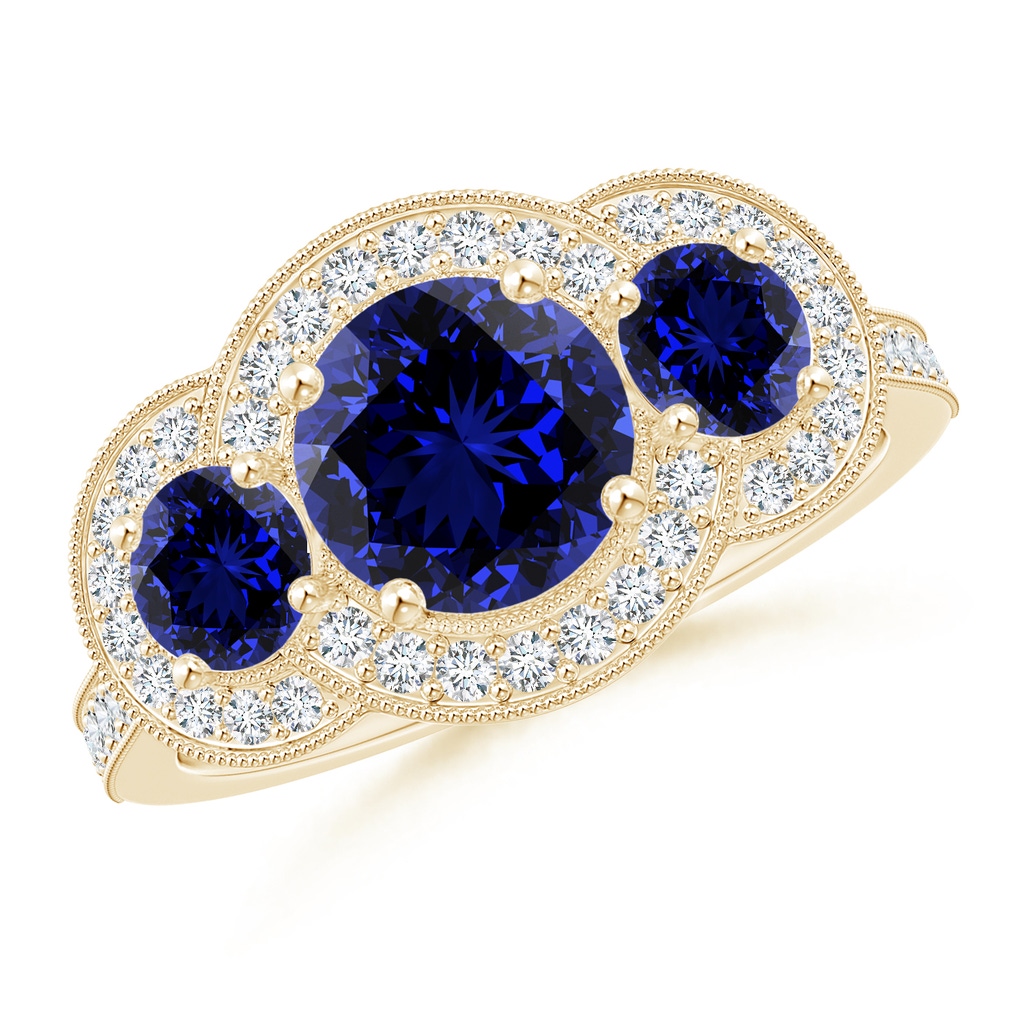 7mm Labgrown Lab-Grown Aeon Vintage Inspired Blue Sapphire Halo Three Stone Engagement Ring with Milgrain in Yellow Gold