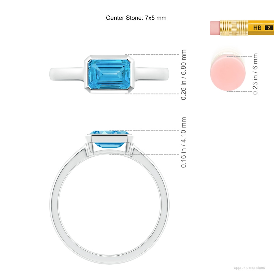 7x5mm Labgrown East-West Emerald-Cut Lab-Grown Fancy Intense Blue Diamond Solitaire Ring in Bezel Setting in White Gold ruler