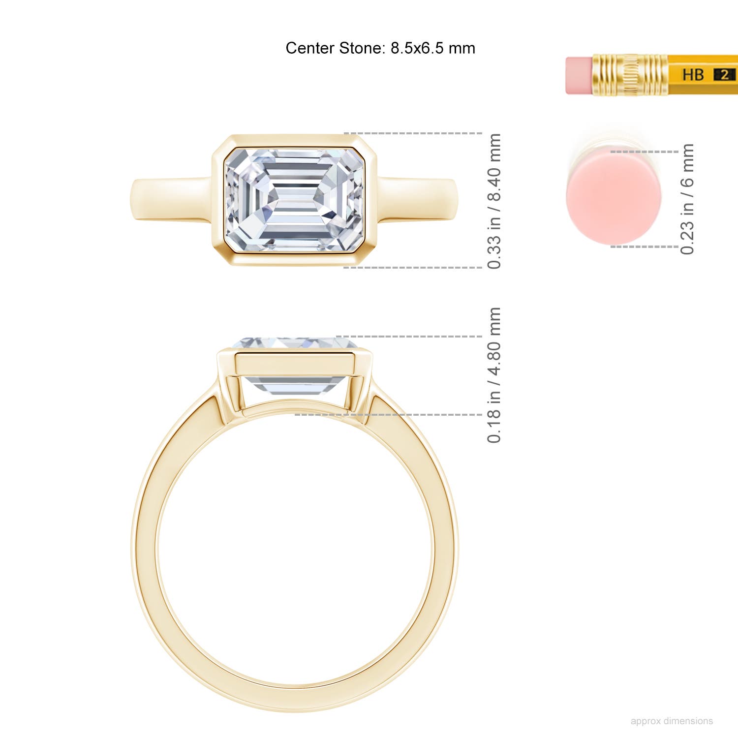 8.5x6.5mm FGVS Lab-Grown East-West Emerald-Cut Diamond Solitaire Ring in Yellow Gold - ruler