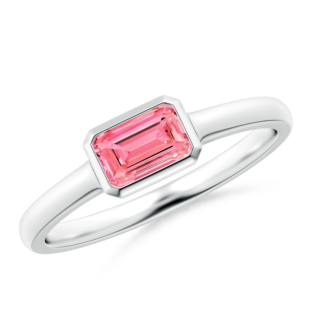 6x4mm Labgrown East-West Emerald-Cut Lab-Grown Fancy Intense Pink Diamond Solitaire Ring in Bezel Setting in P950 Platinum