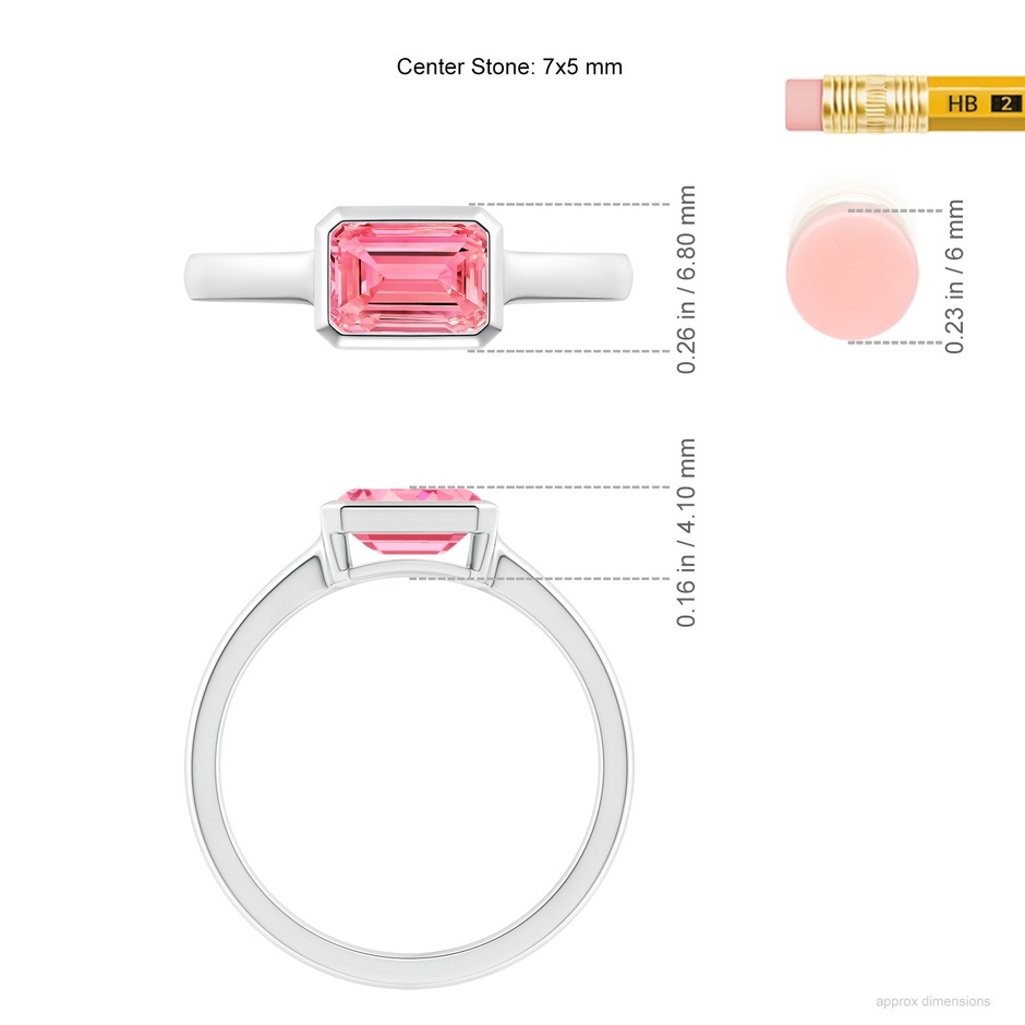 7x5mm Labgrown East-West Emerald-Cut Lab-Grown Fancy Intense Pink Diamond Solitaire Ring in Bezel Setting in White Gold ruler