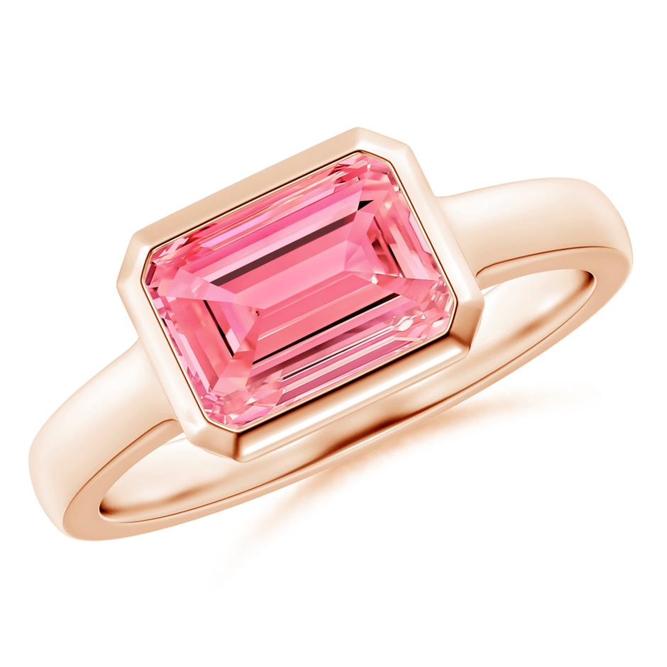8.5x6.5mm Labgrown East-West Emerald-Cut Lab-Grown Fancy Intense Pink Diamond Solitaire Ring in Bezel Setting in Rose Gold 
