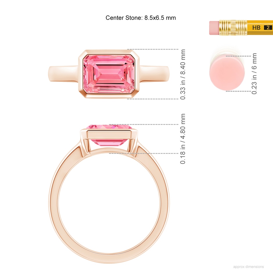 8.5x6.5mm Labgrown East-West Emerald-Cut Lab-Grown Fancy Intense Pink Diamond Solitaire Ring in Bezel Setting in Rose Gold ruler