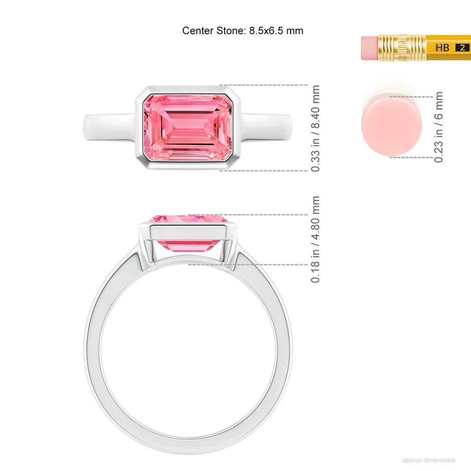 8.5x6.5mm Labgrown East-West Emerald-Cut Lab-Grown Fancy Intense Pink Diamond Solitaire Ring in Bezel Setting in White Gold ruler