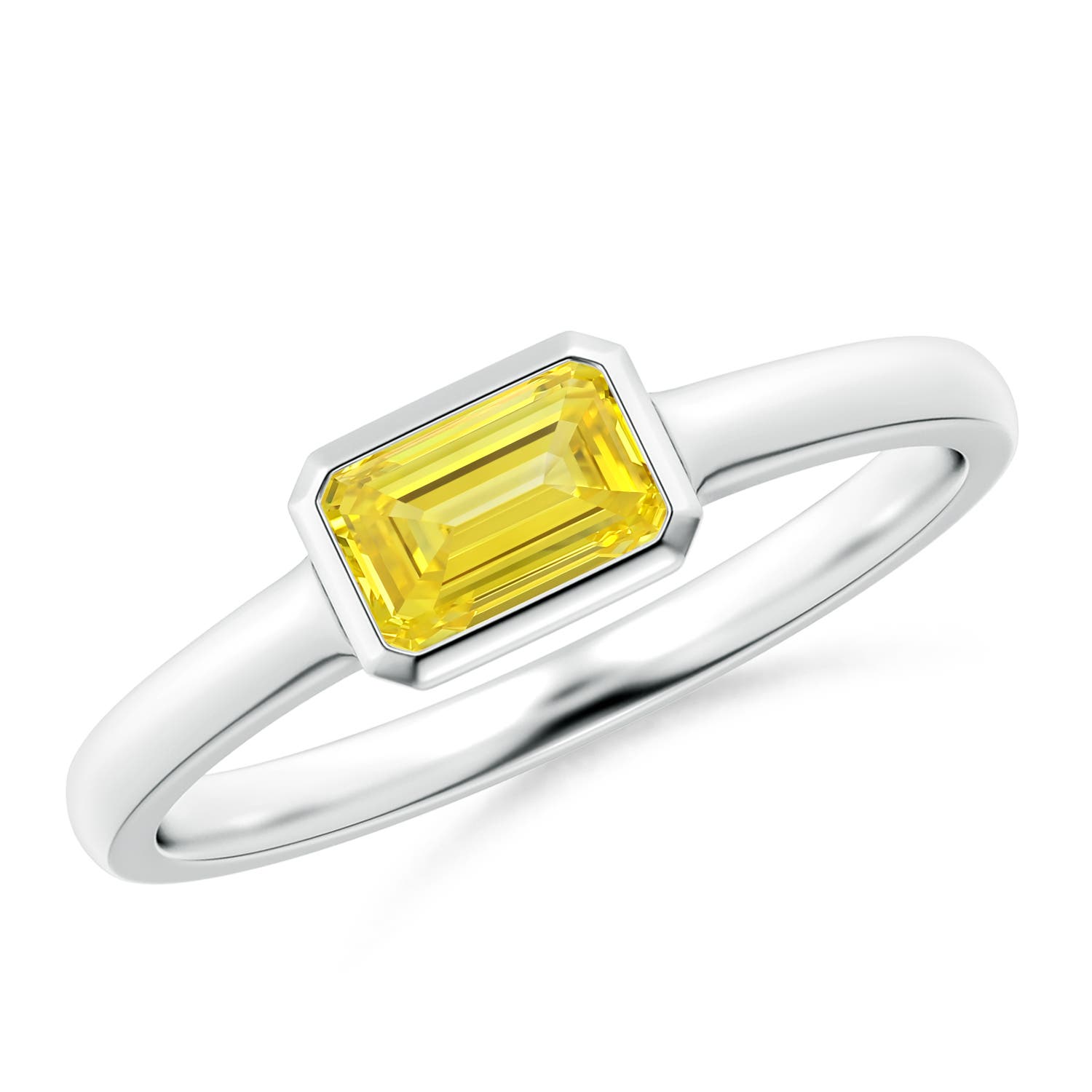 6x4mm Labgrown East-West Emerald-Cut Lab-Grown Fancy Intense Yellow Diamond Solitaire Ring in Bezel Setting in P950 Platinum