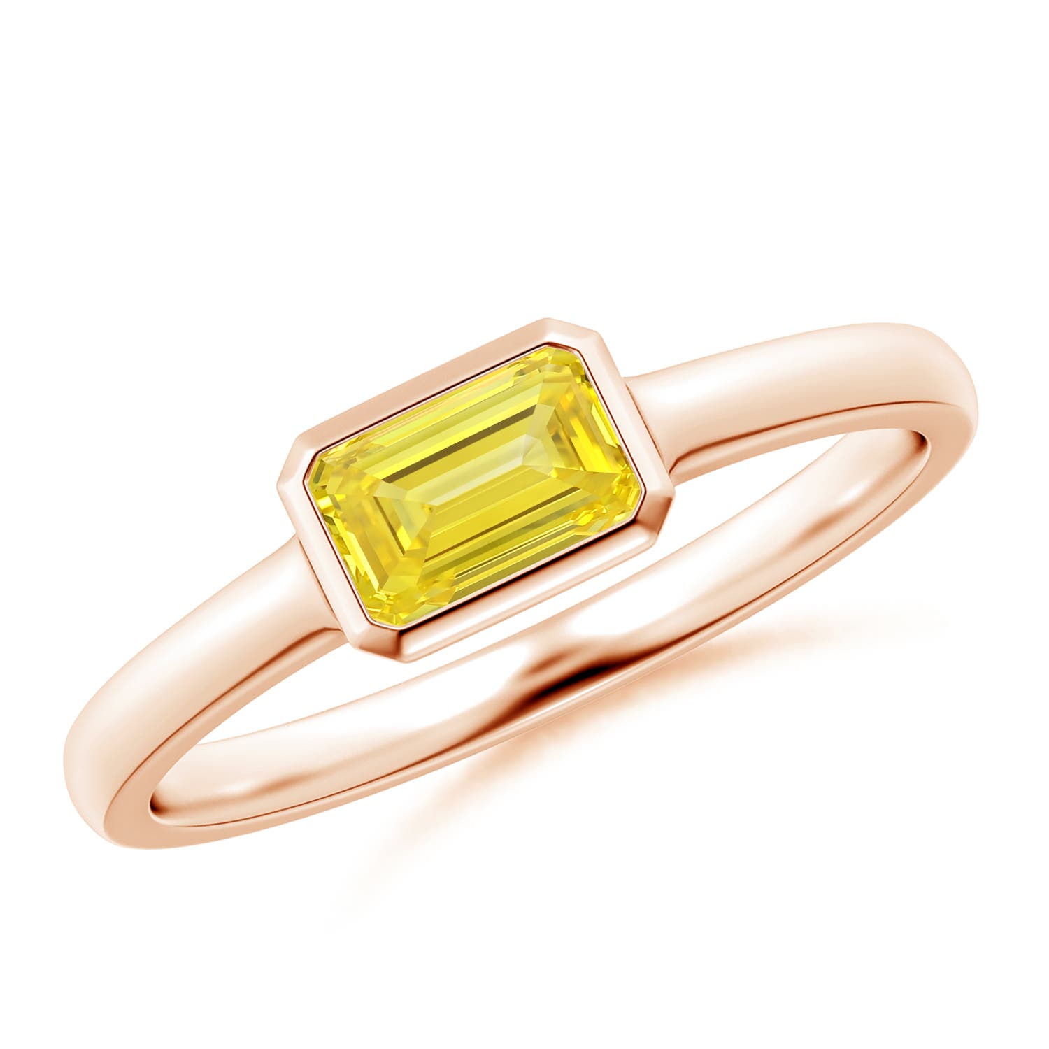 6x4mm Labgrown East-West Emerald-Cut Lab-Grown Fancy Intense Yellow Diamond Solitaire Ring in Bezel Setting in Rose Gold