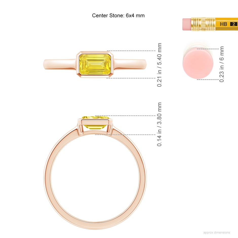 6x4mm Labgrown East-West Emerald-Cut Lab-Grown Fancy Intense Yellow Diamond Solitaire Ring in Bezel Setting in Rose Gold ruler