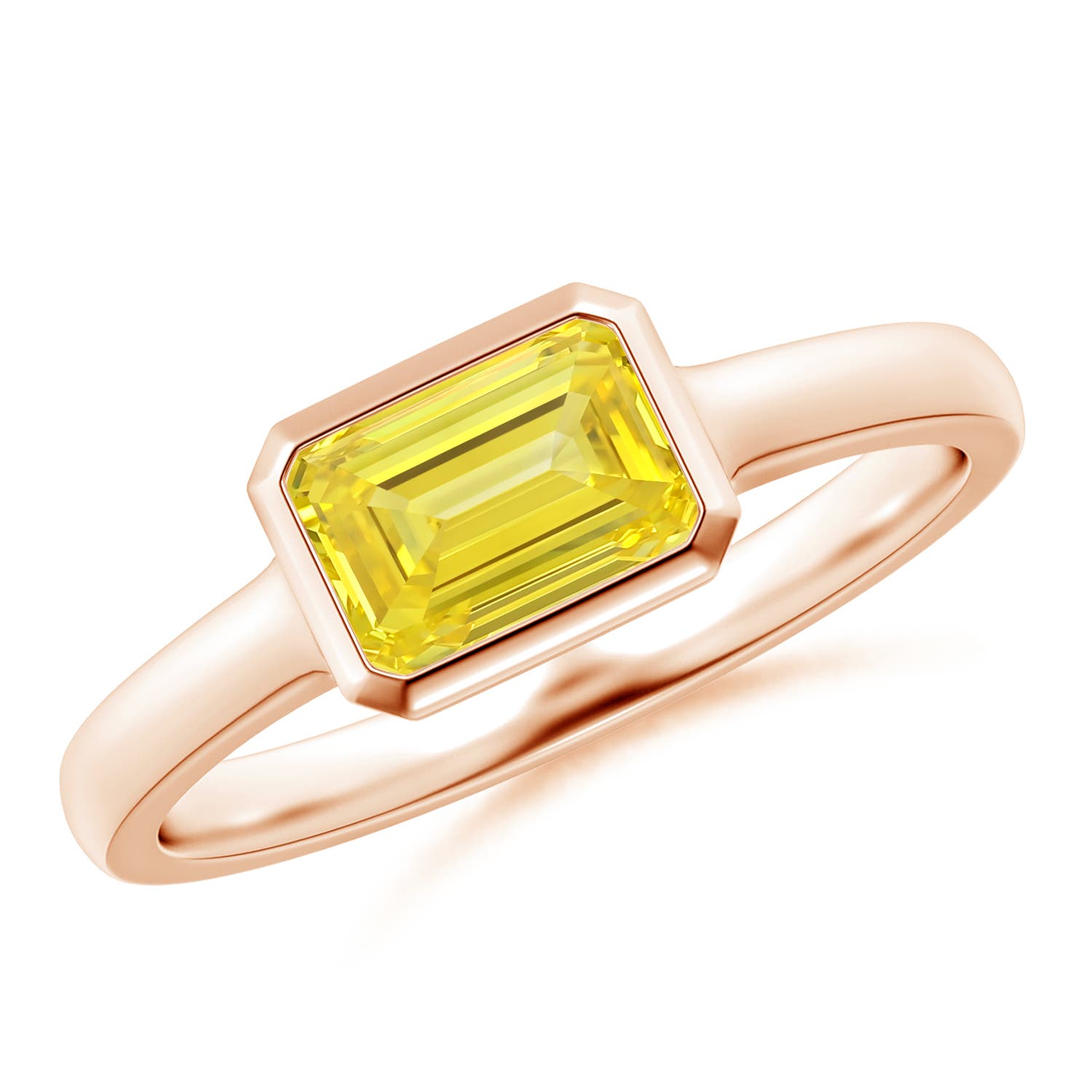 7x5mm Labgrown East-West Emerald-Cut Lab-Grown Fancy Intense Yellow Diamond Solitaire Ring in Bezel Setting in Rose Gold