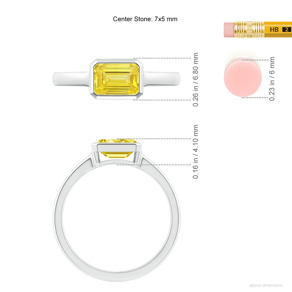 7x5mm Labgrown East-West Emerald-Cut Lab-Grown Fancy Intense Yellow Diamond Solitaire Ring in Bezel Setting in White Gold ruler