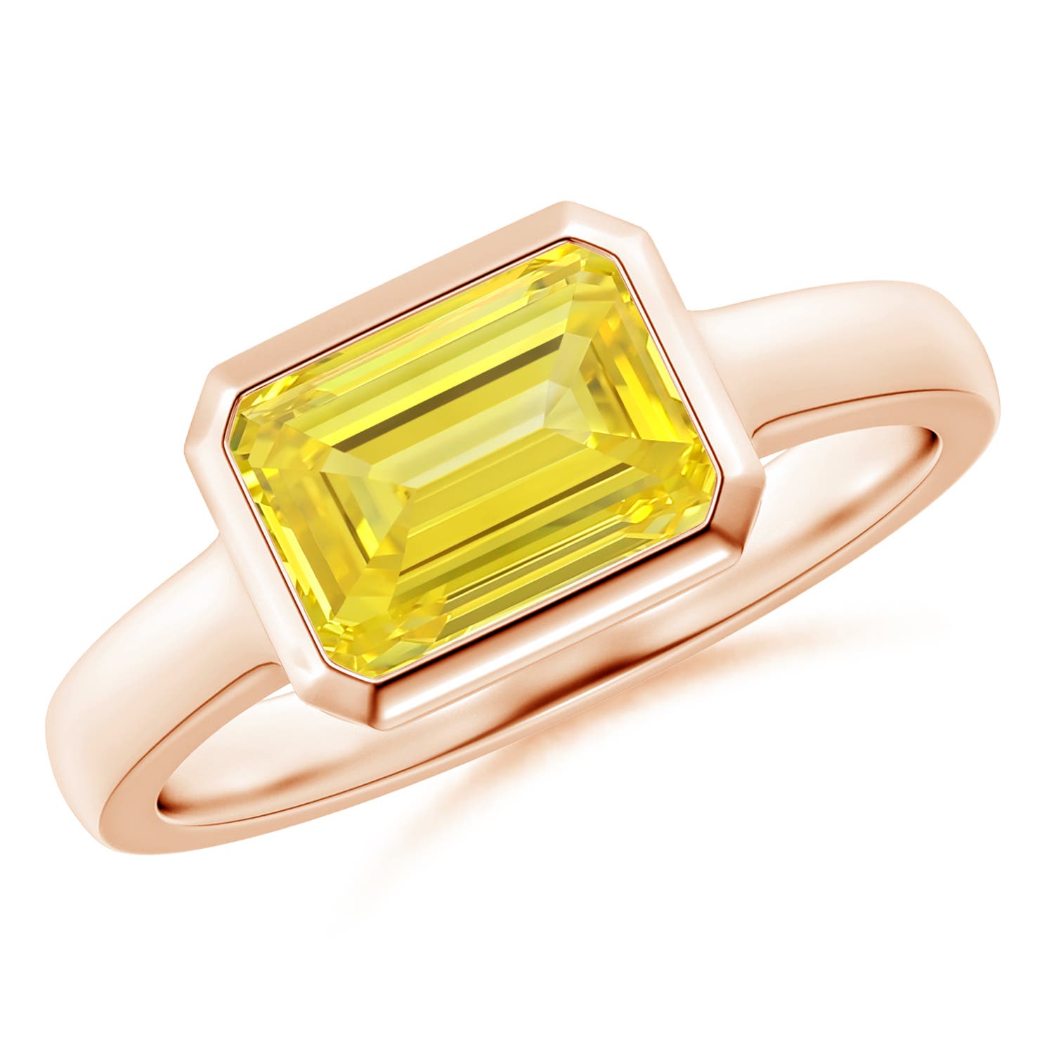 8.5x6.5mm Labgrown East-West Emerald-Cut Lab-Grown Fancy Intense Yellow Diamond Solitaire Ring in Bezel Setting in 18K Rose Gold