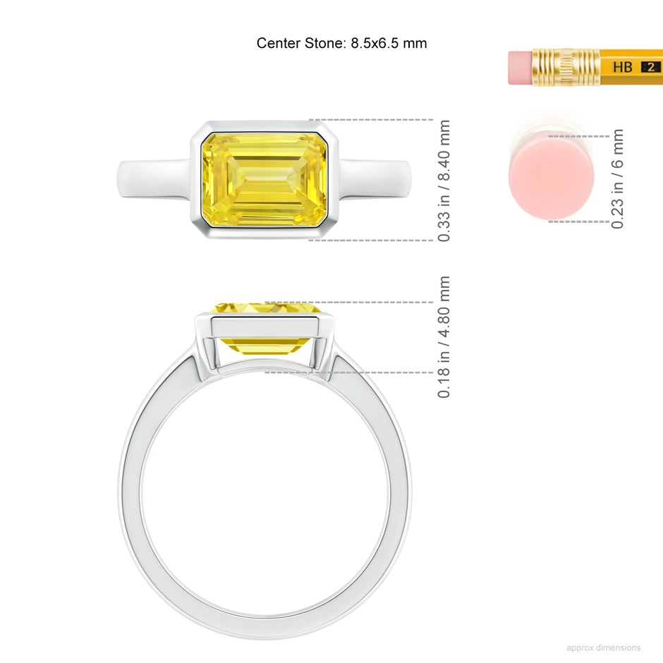 8.5x6.5mm Labgrown East-West Emerald-Cut Lab-Grown Fancy Intense Yellow Diamond Solitaire Ring in Bezel Setting in P950 Platinum ruler