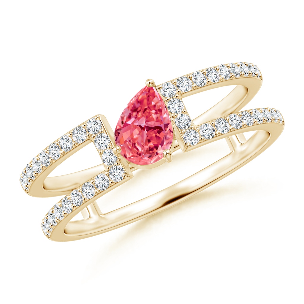 6x4mm Labgrown Tilted Pear Lab-Grown Fancy Intense Pink Diamond Parallel Split Shank Ring in Yellow Gold