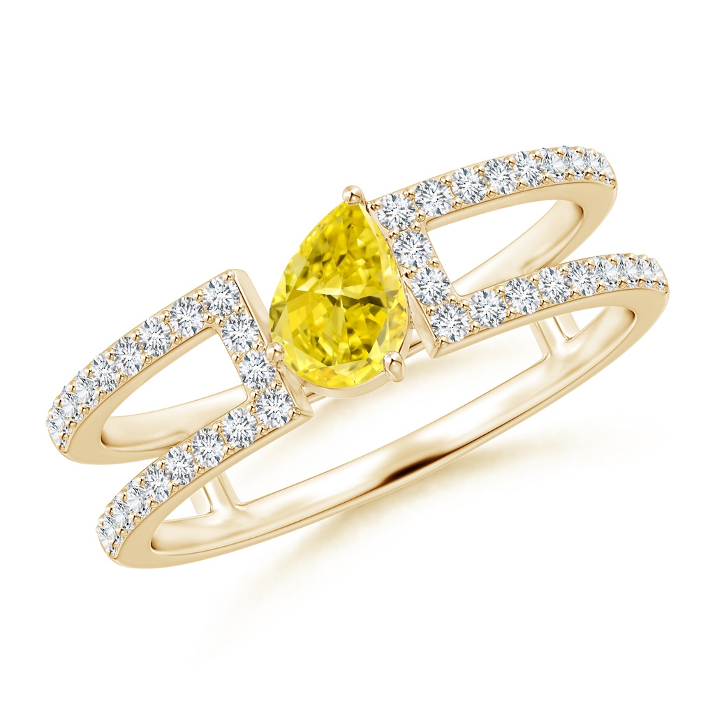 6x4mm Labgrown Tilted Pear Lab-Grown Fancy Intense Yellow Diamond Parallel Split Shank Ring in Yellow Gold