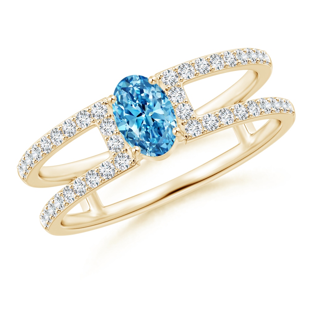 6x4mm Labgrown Oval Lab-Grown Fancy Intense Blue Diamond Parallel Split Shank Ring with Accents in Yellow Gold