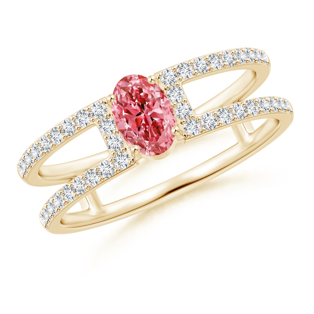 6x4mm Labgrown Oval Lab-Grown Fancy Intense Pink Diamond Parallel Split Shank Ring with Accents in Yellow Gold