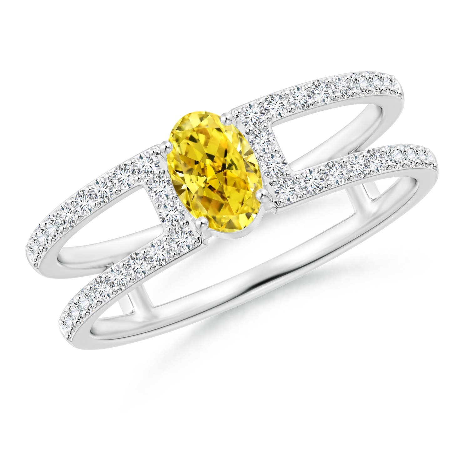 6x4mm Labgrown Oval Lab-Grown Fancy Intense Yellow Diamond Parallel Split Shank Ring with Accents in P950 Platinum