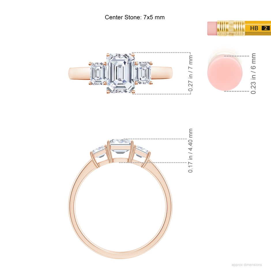 7x5mm FGVS Lab-Grown Emerald-Cut Diamond Three Stone Ring in 9K Rose Gold ruler