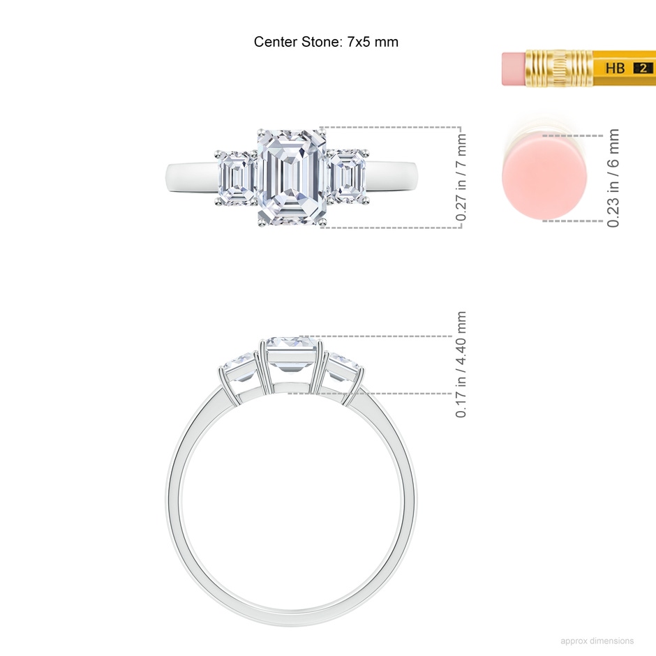 7x5mm FGVS Lab-Grown Emerald-Cut Diamond Three Stone Ring in P950 Platinum ruler