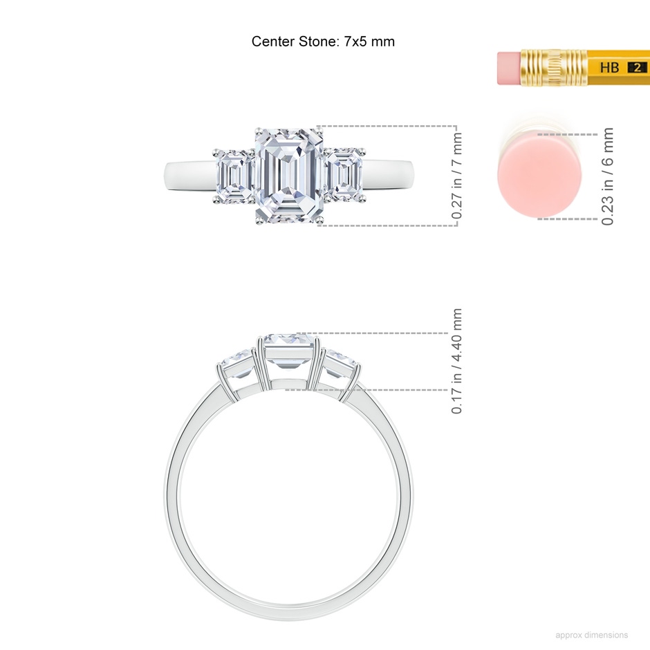 7x5mm FGVS Lab-Grown Emerald-Cut Diamond Three Stone Ring in White Gold ruler