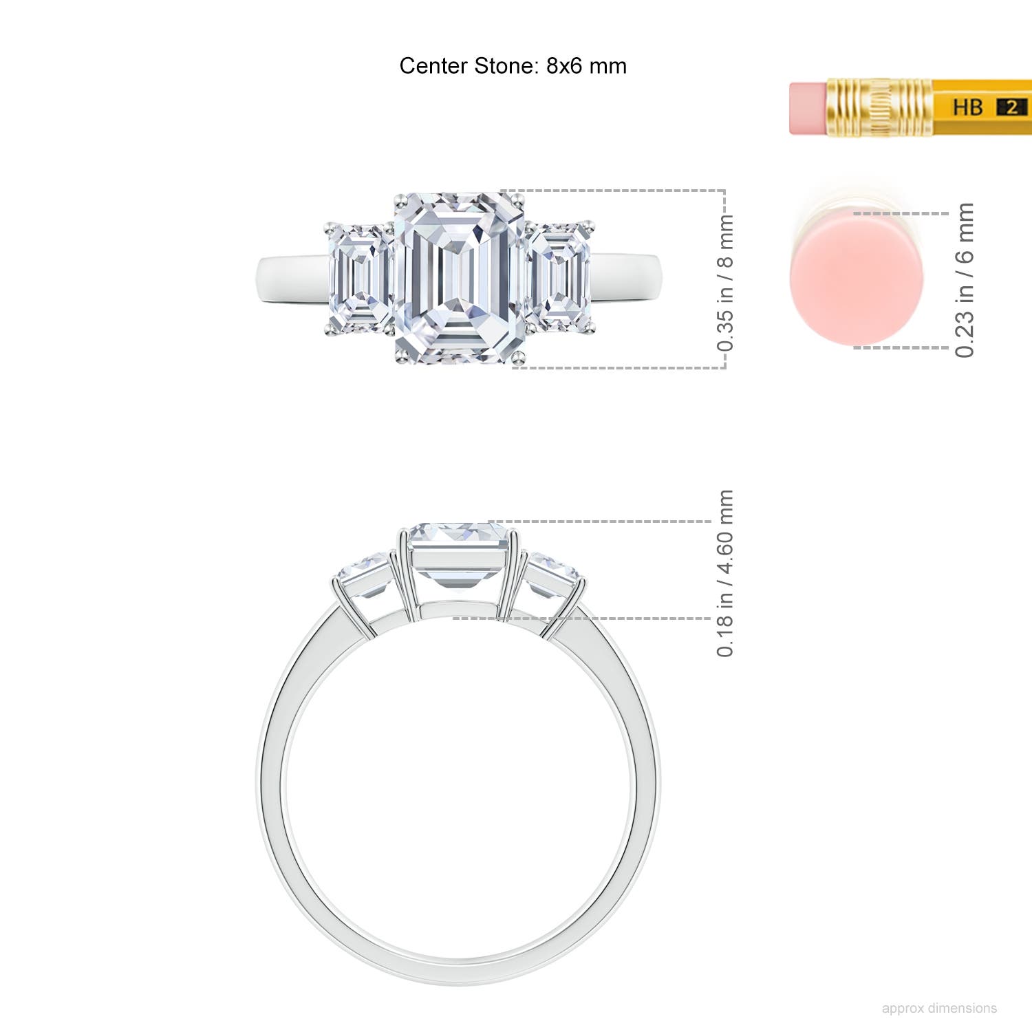 8x6mm FGVS Lab-Grown Emerald-Cut Diamond Three Stone Ring in White Gold - ruler