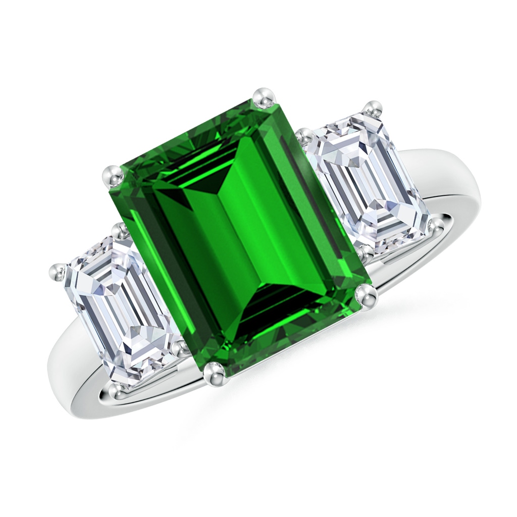10x8mm Labgrown Lab-Grown Emerald-Cut Emerald and Lab Diamond Three Stone Ring in P950 Platinum