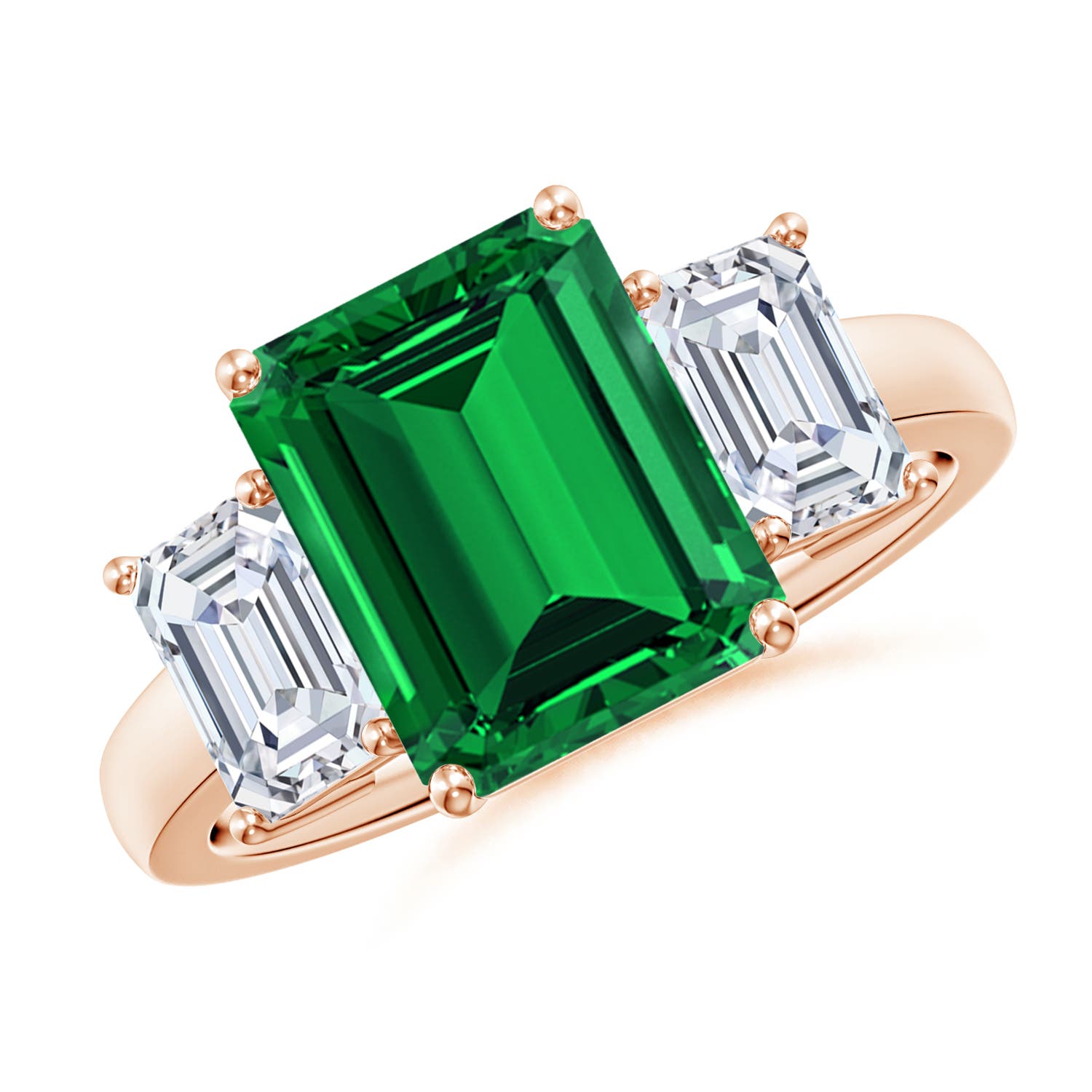 Lab-Grown Emerald-Cut Emerald and Trapezoid Diamond Three Stone