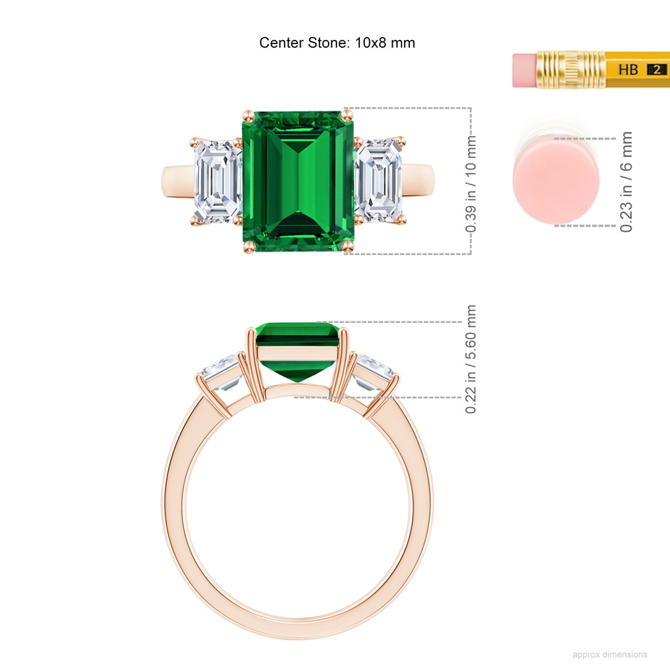 10x8mm Labgrown Lab-Grown Emerald-Cut Emerald and Lab Diamond Three Stone Ring in Rose Gold ruler