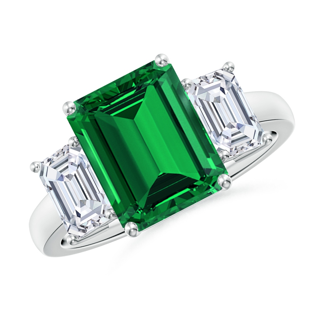 10x8mm Labgrown Lab-Grown Emerald-Cut Emerald and Lab Diamond Three Stone Ring in White Gold