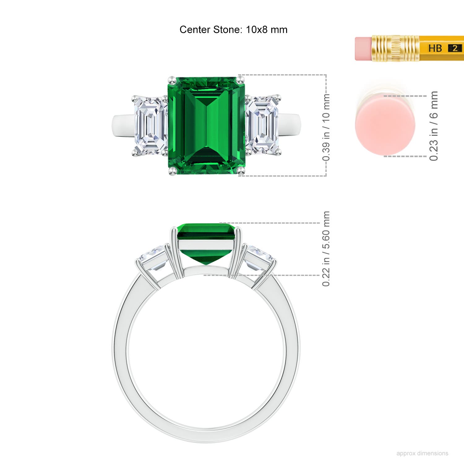 10x8mm Labgrown Lab-Grown Emerald-Cut Emerald and Lab Diamond Three Stone Ring in White Gold - ruler