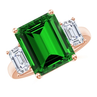 12x10mm Labgrown Lab-Grown Emerald-Cut Emerald and Lab Diamond Three Stone Ring in 18K Rose Gold