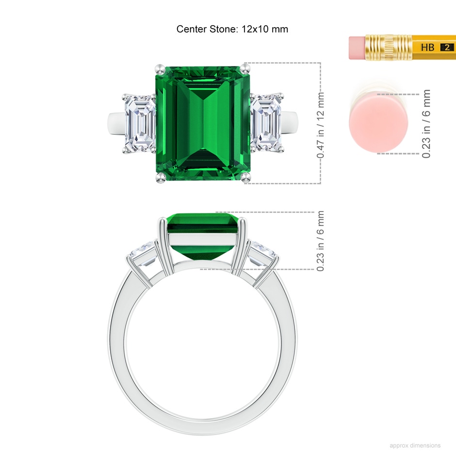 12x10mm Labgrown Lab-Grown Emerald-Cut Emerald and Lab Diamond Three Stone Ring in 18K White Gold ruler