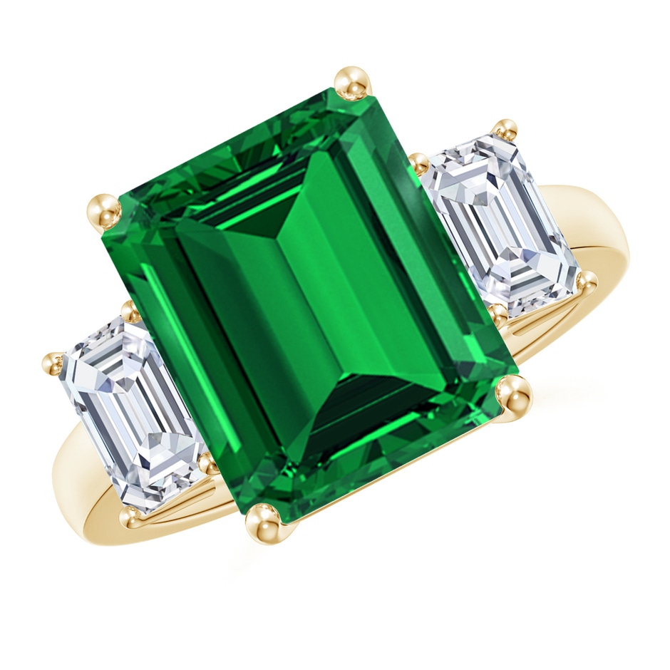 12x10mm Labgrown Lab-Grown Emerald-Cut Emerald and Lab Diamond Three Stone Ring in 18K Yellow Gold 