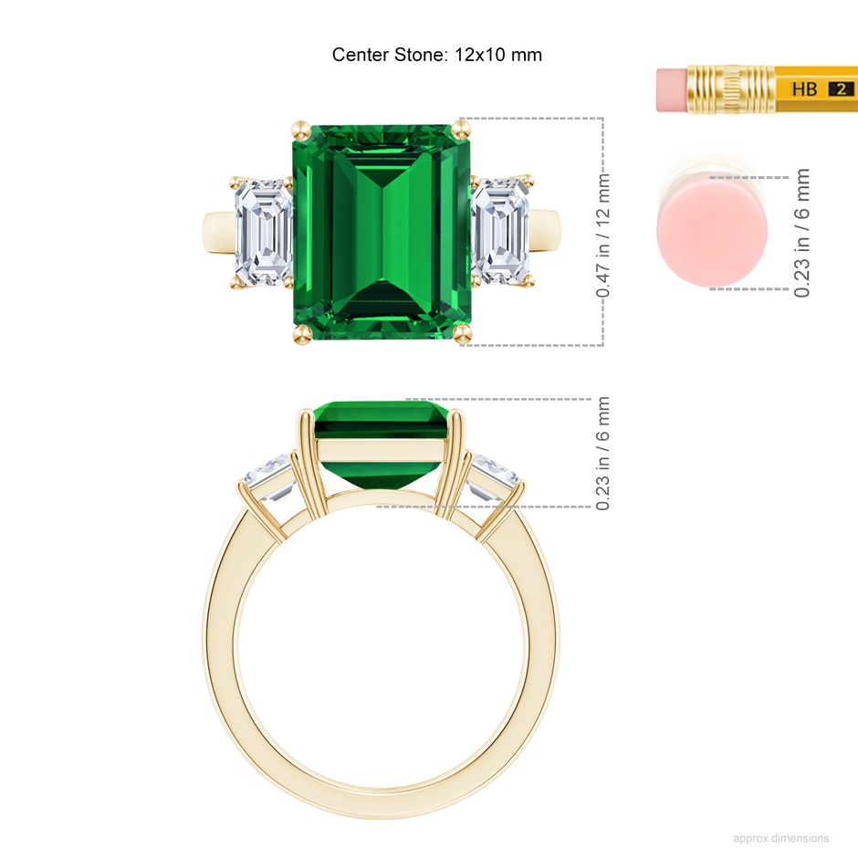 12x10mm Labgrown Lab-Grown Emerald-Cut Emerald and Lab Diamond Three Stone Ring in 18K Yellow Gold ruler
