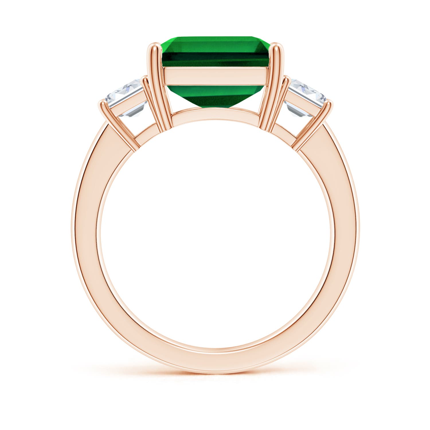12x10mm Labgrown Lab-Grown Emerald-Cut Emerald and Lab Diamond Three Stone Ring in Rose Gold
