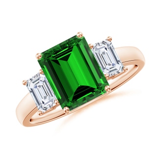 9x7mm Labgrown Lab-Grown Emerald-Cut Emerald and Lab Diamond Three Stone Ring in 10K Rose Gold