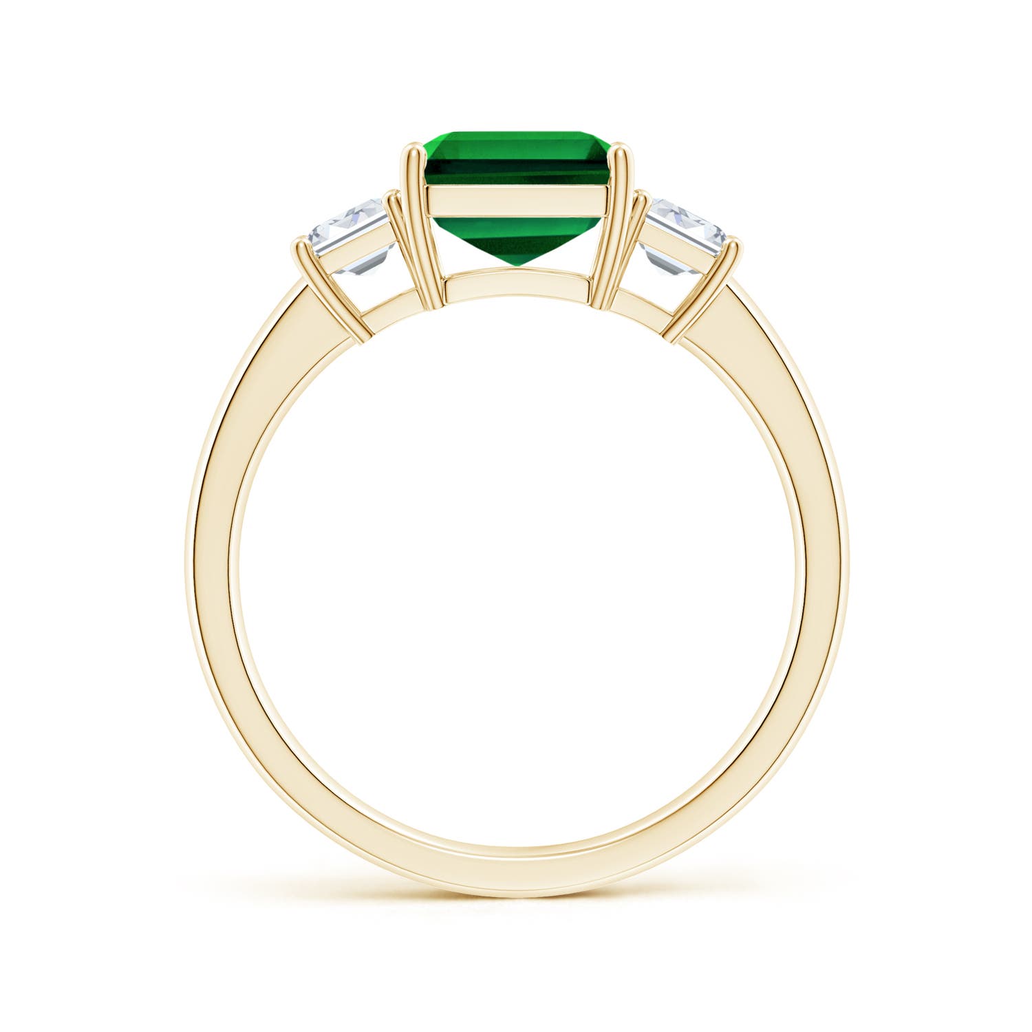 9x7mm Labgrown Lab-Grown Emerald-Cut Emerald and Lab Diamond Three Stone Ring in 18K Yellow Gold