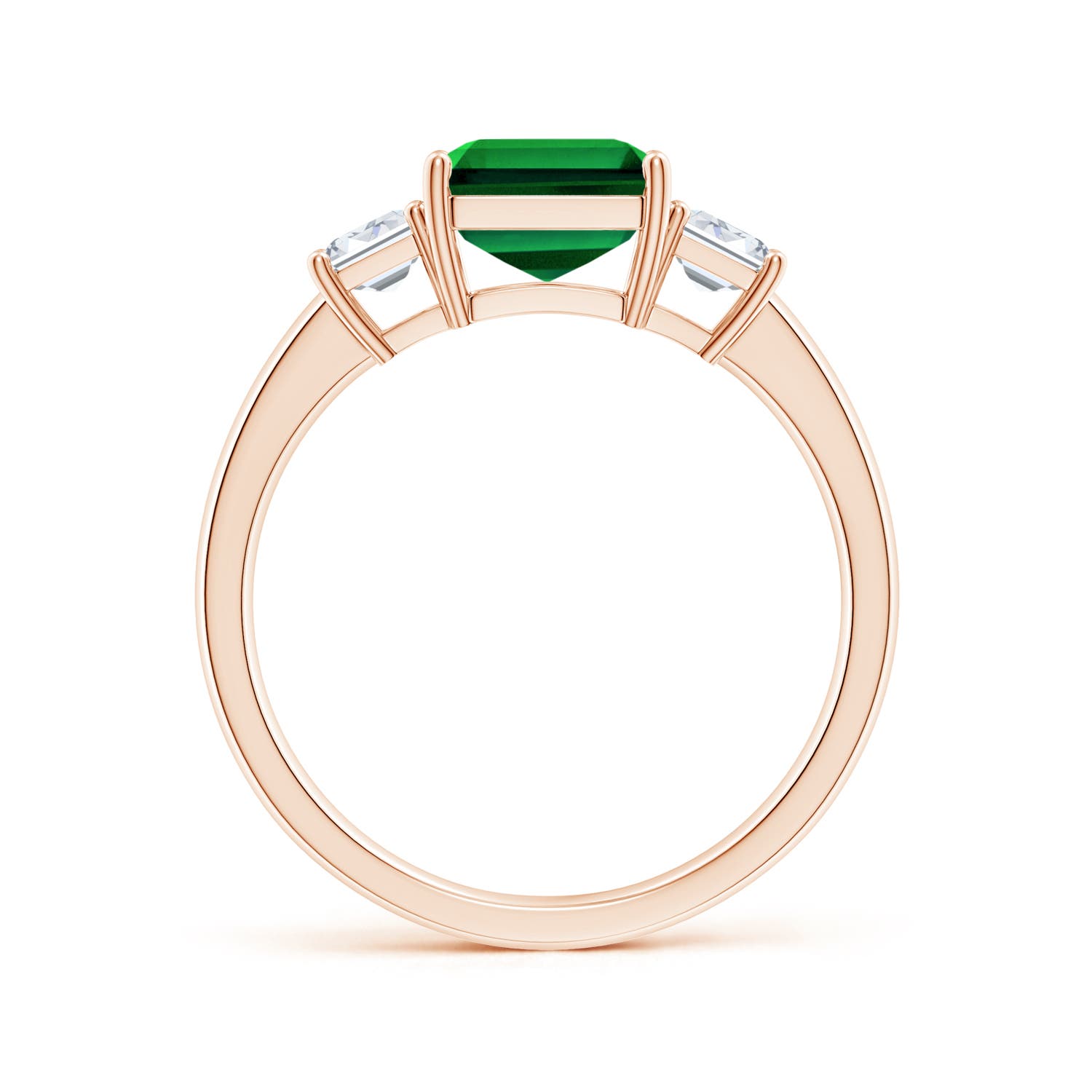 9x7mm Labgrown Lab-Grown Emerald-Cut Emerald and Lab Diamond Three Stone Ring in Rose Gold