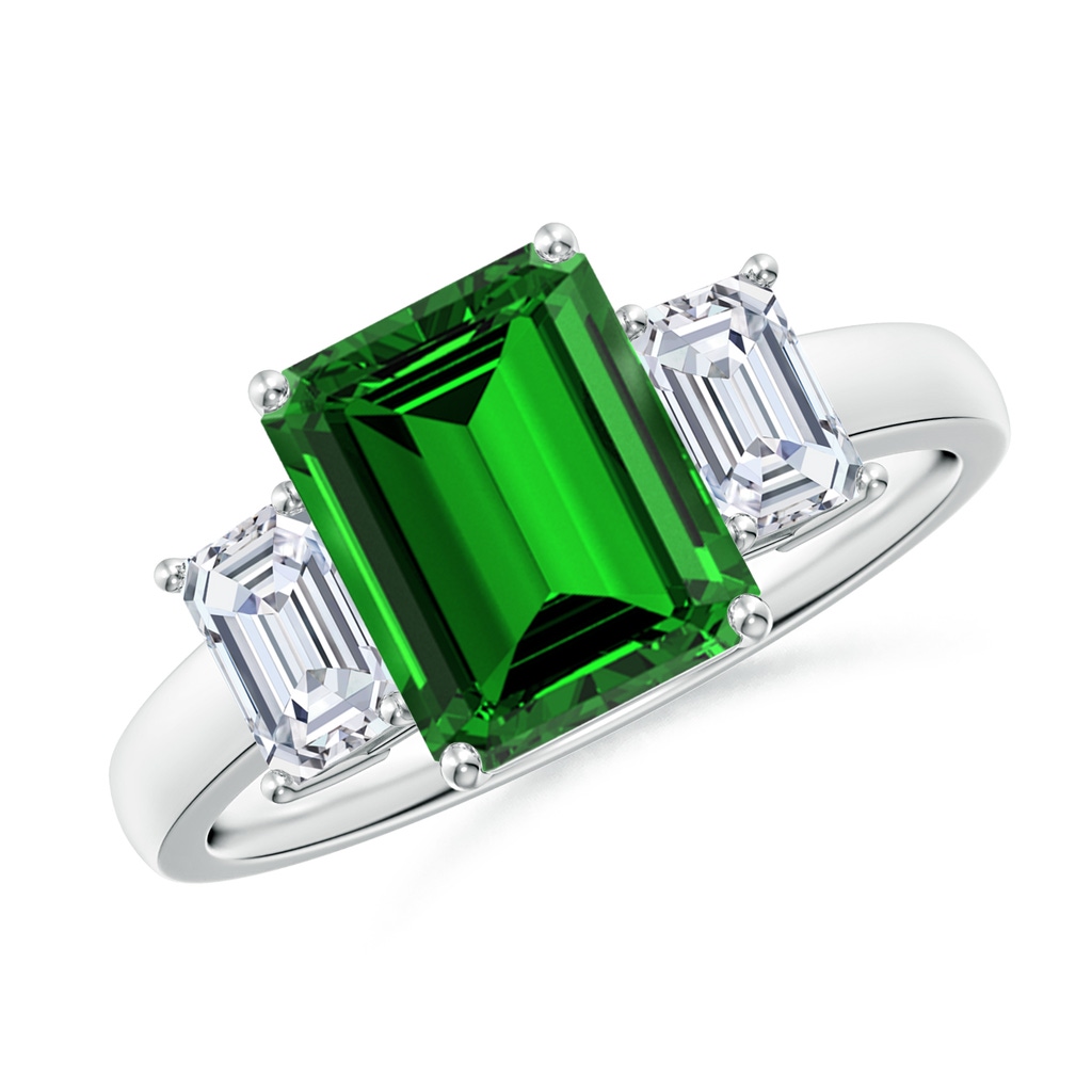 9x7mm Labgrown Lab-Grown Emerald-Cut Emerald and Lab Diamond Three Stone Ring in White Gold