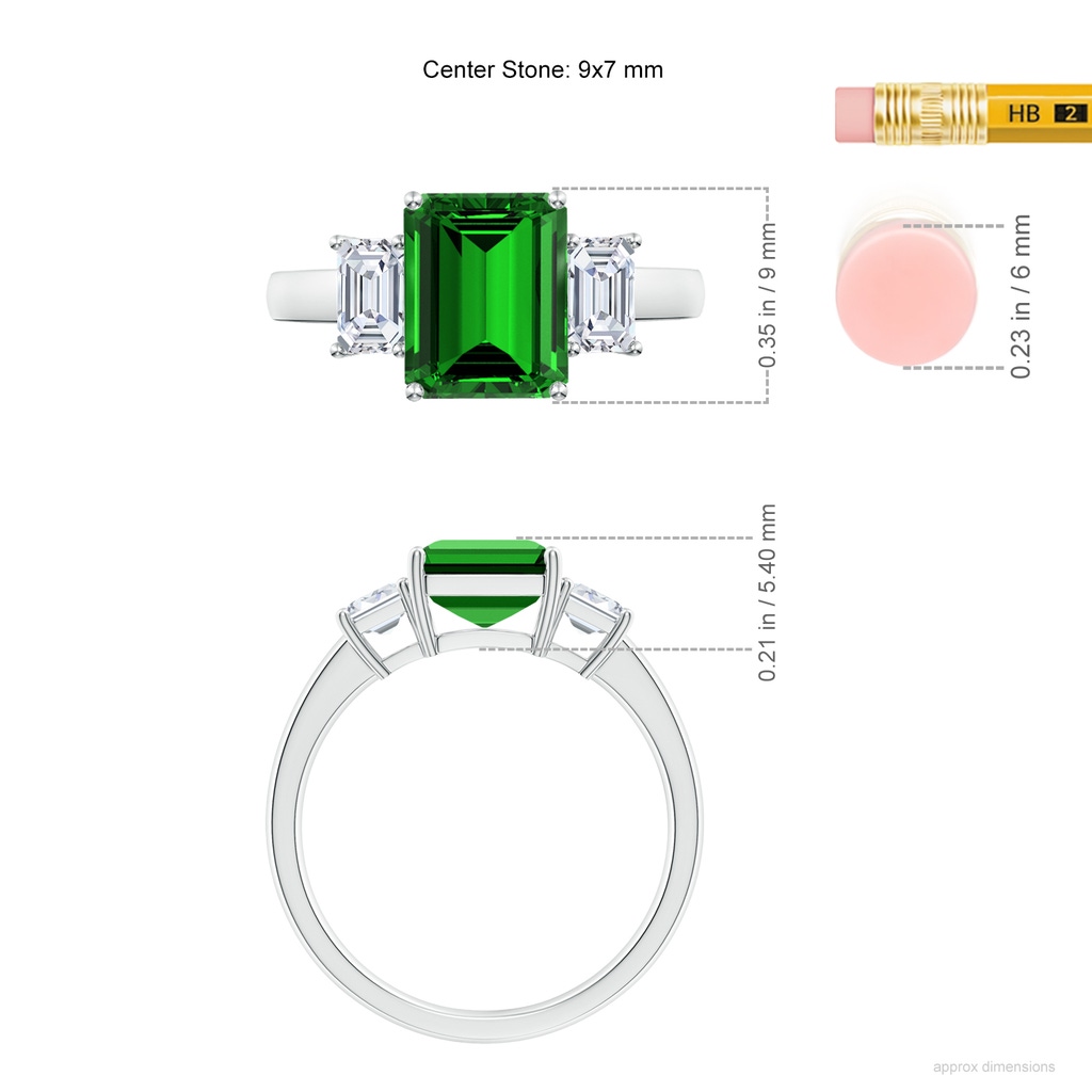 9x7mm Labgrown Lab-Grown Emerald-Cut Emerald and Lab Diamond Three Stone Ring in White Gold ruler