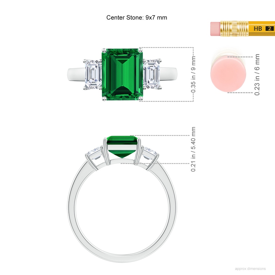 9x7mm Labgrown Lab-Grown Emerald-Cut Emerald and Lab Diamond Three Stone Ring in White Gold ruler