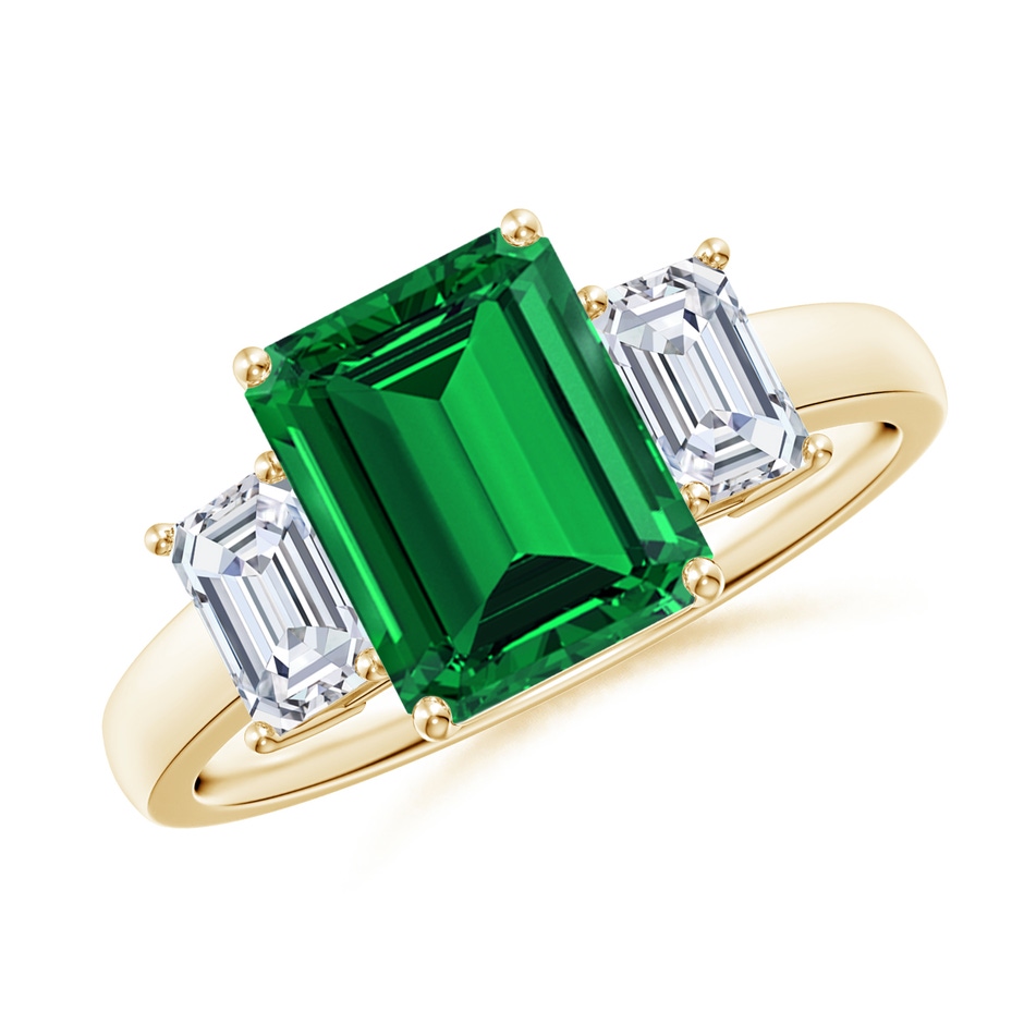 9x7mm Labgrown Lab-Grown Emerald-Cut Emerald and Lab Diamond Three Stone Ring in Yellow Gold 