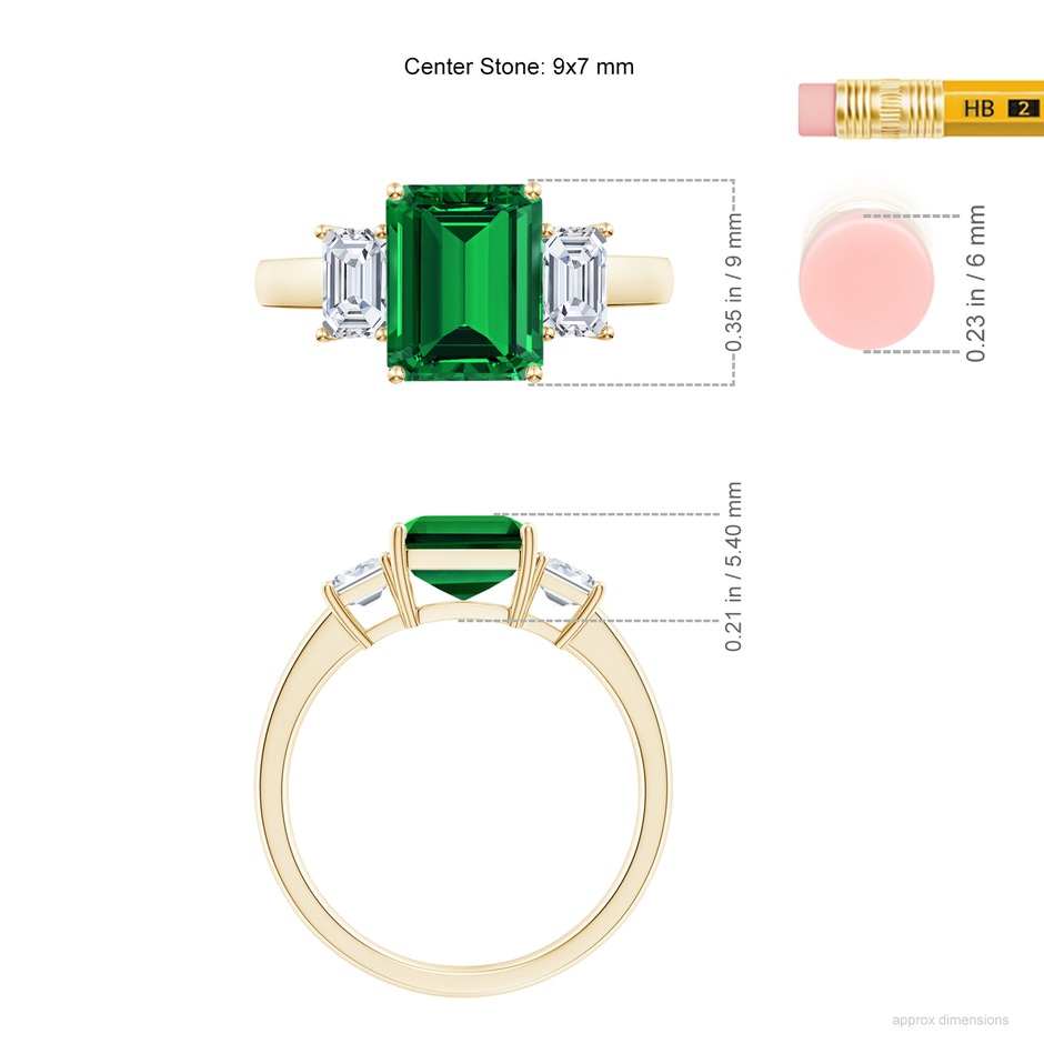9x7mm Labgrown Lab-Grown Emerald-Cut Emerald and Lab Diamond Three Stone Ring in Yellow Gold ruler