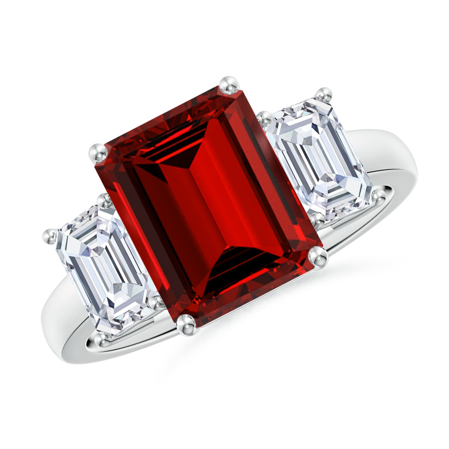 Lab-Grown Emerald-Cut Ruby and Lab Diamond Three Stone Ring